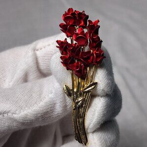 Vintage Brooch Pin Bouquet of Red Roses Gold Tone Stems New